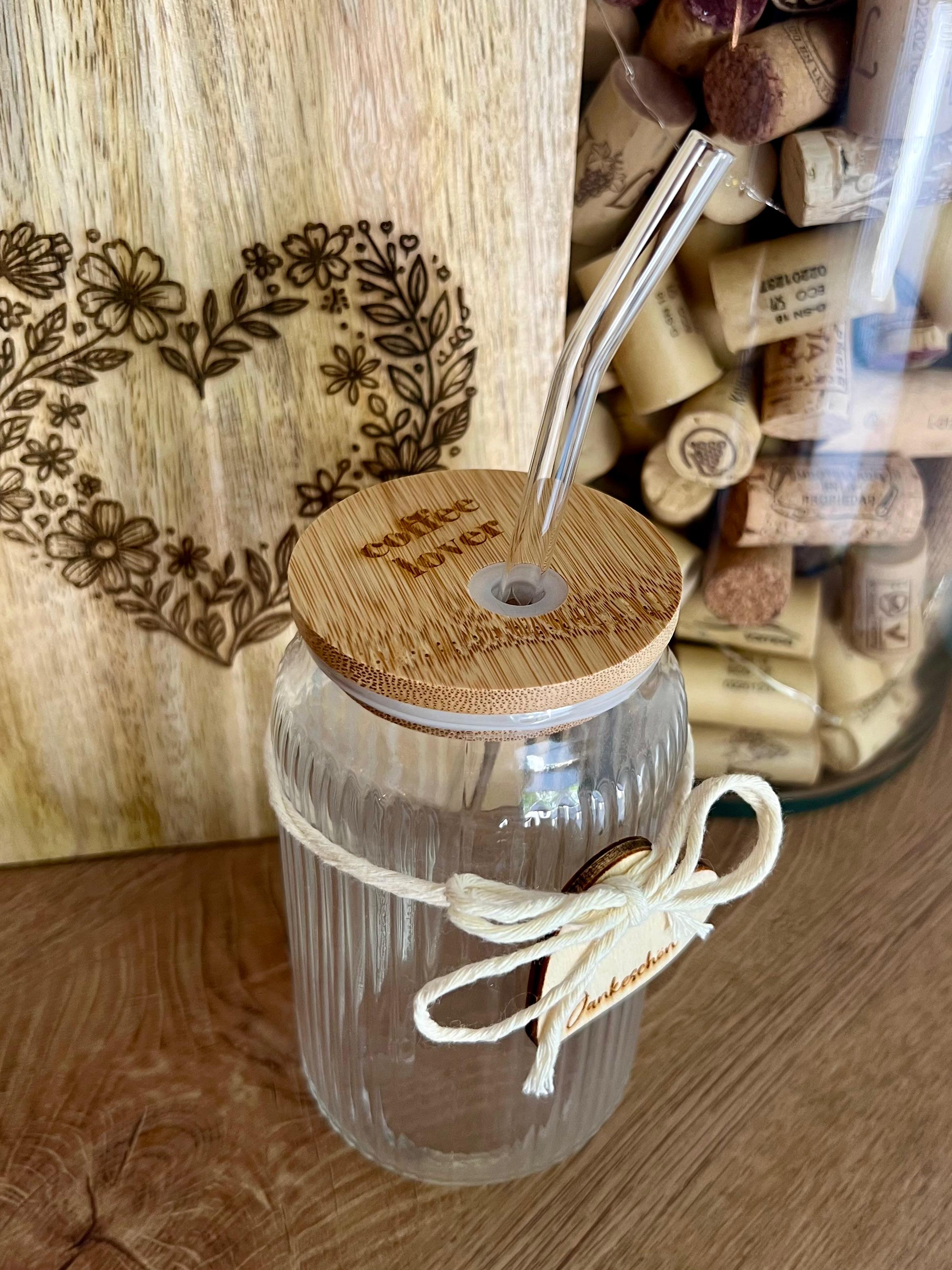 Trinkglas "Coffee Lover", mit Bambusdeckel & Strohhalm