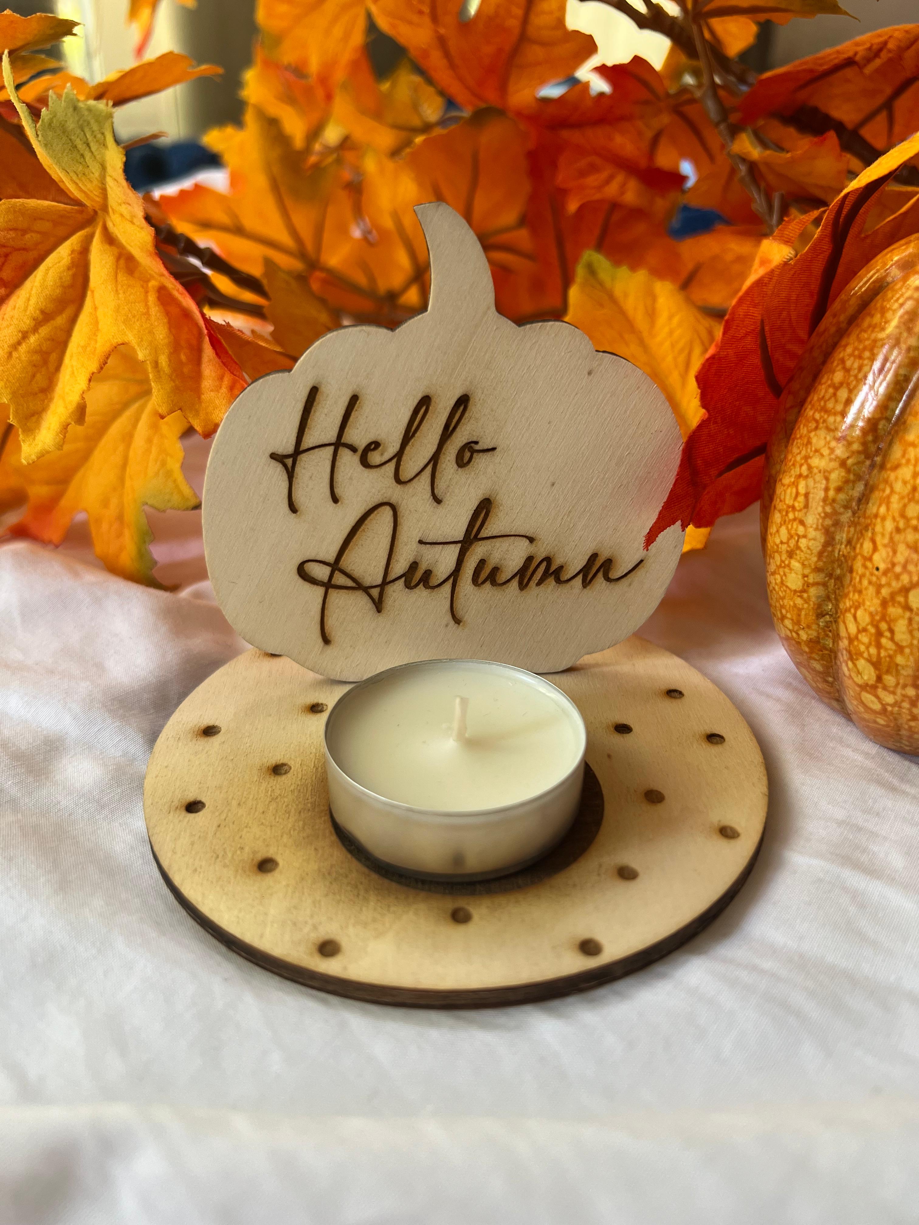 Kürbis Teelichthalter "Hello Autumn", aus Holz